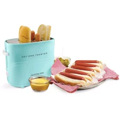 Toasters Nostalgia Retro Series 2-Slice Aqua Long Slot Hot Dog And Bun Toaster With Crumb Tray And Mini Tongs -MegaChef Sales Shop aqua nostalgia pop up toasters hdt600aq 4f 1000