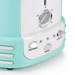 Toasters Nostalgia Retro Series 2-Slice Aqua Wide Slot Bagel Toaster With Crumb Tray And Shade Settings -MegaChef Sales Shop aqua nostalgia pop up toasters rtos200aq 4f 1000