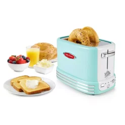 Toasters Nostalgia Retro Series 2-Slice Aqua Wide Slot Bagel Toaster With Crumb Tray And Shade Settings -MegaChef Sales Shop aqua nostalgia pop up toasters rtos200aq c3 1000