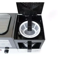 Toasters SPT Breakfast Center 1450 W 2-Slice Black And Stainless Steel Toaster Oven With Griddle And Coffee Maker -MegaChef Sales Shop black and stainless steel spt toaster ovens bm 1120b 4f 1000