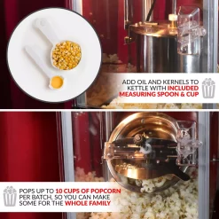 Popcorn Machines Nostalgia 300 W 2.5 Oz. Black Popcorn Cart With 5 Qt. Popcorn Bowl -MegaChef Sales Shop black nostalgia popcorn machines kpm220ctbk 4f 1000