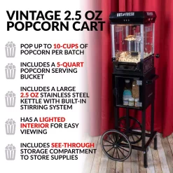 Popcorn Machines Nostalgia 300 W 2.5 Oz. Black Popcorn Cart With 5 Qt. Popcorn Bowl -MegaChef Sales Shop black nostalgia popcorn machines kpm220ctbk c3 1000