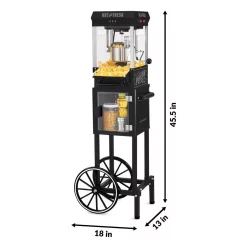 Popcorn Machines Nostalgia 300 W 2.5 Oz. Black Popcorn Cart With 5 Qt. Popcorn Bowl -MegaChef Sales Shop black nostalgia popcorn machines kpm220ctbk fa 1000