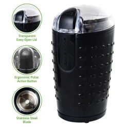 Coffee Makers Ovente 2.5 Oz. Black One-Touch Electric Coffee Grinder With Transparent Easy Open Lid And Stainless Steel Blades -MegaChef Sales Shop black ovente coffee grinders cg225b 66 1000