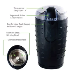 Coffee Makers Ovente 2.5 Oz. Black One-Touch Electric Coffee Grinder With Transparent Easy Open Lid And Stainless Steel Blades -MegaChef Sales Shop black ovente coffee grinders cg225b c3 1000