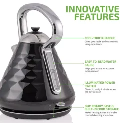 Electric Kettles Ovente 7.1-Cup Black Electric Kettle With Boil-Dry Protection And Auto Shut-Off, Cleo Collection (KS755B) -MegaChef Sales Shop black ovente electric kettles ks755b 1f 1000