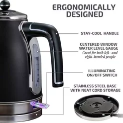 Electric Kettles Ovente 7.2-Cup Black Stainless Steel Electric Kettle With Removable Filter, Boil Dry Protection And Auto Shut Off Features -MegaChef Sales Shop black ovente electric kettles ks777b 1f 1000