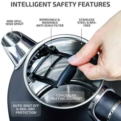 Electric Kettles Ovente 7.2-Cup Black Stainless Steel Electric Kettle With Removable Filter, Boil Dry Protection And Auto Shut Off Features -MegaChef Sales Shop black ovente electric kettles ks777b 44 1000