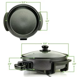 Electric Skillets & Indoor Grills Ovente 12 In. Black Non Stick Electric Skillet Aluminum Body And Tempered Glass Lid, Removable Temperature Knob -MegaChef Sales Shop black ovente electric skillets sk11112b 76 1000