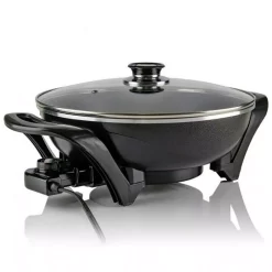 Electric Skillets & Indoor Grills Ovente 13 In. Black Non-Stick Electric Skillet With Aluminum Body Adjustable Temperature Controller Tempered Glass Cover