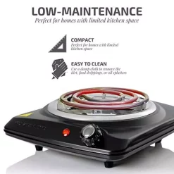 Food Warmers Ovente 1000-Walt (120-Volt) Single Burner 6 In. Hot Plate Black Adjustable Temperature Control -MegaChef Sales Shop black ovente hot plates bgc101b 1f 1000