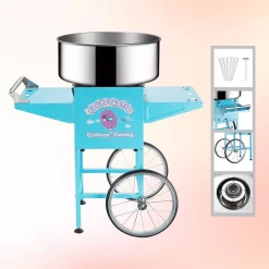 Dessert Makers Great Northern Blue Cotton Candy Machine And Cart- Flufftastic Floss Maker- Stainless Steel Pan, 2 Side Trays & 13 In. Wheels -MegaChef Sales Shop blue great northern cotton candy machines 822493cgk 4f 1000