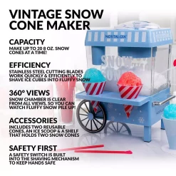 Dessert Makers Nostalgia Vintage 160 Oz. Snow Cone Maker In Blue With Reusable Cones -MegaChef Sales Shop blue nostalgia snow cone machines scm525bl c3 1000