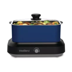 Cookers West Bend 5 Qt. Blue Non-Stick Versatility Slow Cooker With 5-Temperature Settings Includes Travel Lid And Thermal Tote -MegaChef Sales Shop blue west bend slow cookers 87905b 4f 1000
