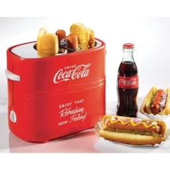 Toasters Nostalgia Retro Series 2-Slice Coca-Cola Long Slot Hot Dog And Bun Toaster With Crumb Tray And Mini Tongs -MegaChef Sales Shop coca cola nostalgia pop up toasters hdt600coke c3 1000