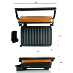 Electric Skillets & Indoor Grills Ovente Copper Electric Panini Press Grill, 2-Slice 1000-Watt Heating Plate, Drip Tray Included -MegaChef Sales Shop copper ovente panini presses gp0620co 76 1000