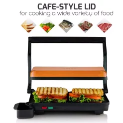 Electric Skillets & Indoor Grills Ovente Copper Electric Panini Press Grill, 2-Slice 1000-Watt Heating Plate, Drip Tray Included -MegaChef Sales Shop copper ovente panini presses gp0620co fa 1000