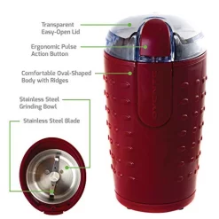 Coffee Makers Ovente 2.5 Oz. Maroon One-Touch Electric Coffee Grinder With Transparent Easy Open Lid And Stainless Steel Blades -MegaChef Sales Shop maroon ovente coffee grinders cg225m c3 1000