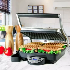 Electric Skillets & Indoor Grills Ovente GP1000BR 1500 W Brushed Nickel Non-Stick Panini Press -MegaChef Sales Shop nickel brushed ovente panini presses gp1000br 76 1000