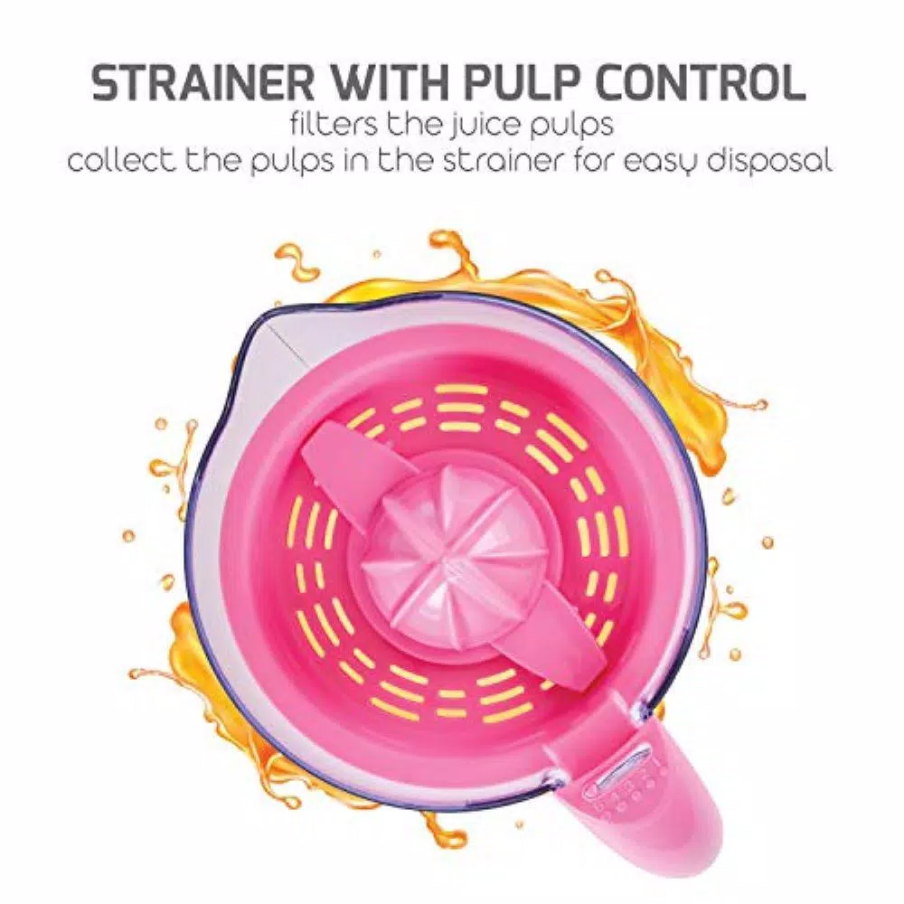 Juicers Ovente 34 Oz. Pink Electric Citrus Juicer 2 Auto-Reversing Cones Capacity, Pressure-Activated, Strainer, Pulp Control 4 Juicers Ovente 34 Oz. Pink Electric Citrus Juicer 2 Auto-Reversing Cones Capacity, Pressure-Activated, Strainer, Pulp Control - Image 4