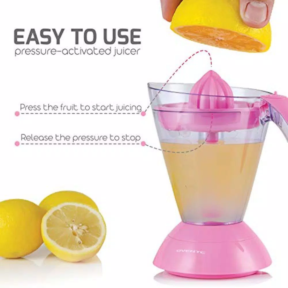 Juicers Ovente 34 Oz. Pink Electric Citrus Juicer 2 Auto-Reversing Cones Capacity, Pressure-Activated, Strainer, Pulp Control 3 Juicers Ovente 34 Oz. Pink Electric Citrus Juicer 2 Auto-Reversing Cones Capacity, Pressure-Activated, Strainer, Pulp Control - Image 3