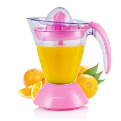 Juicers Ovente 34 Oz. Pink Electric Citrus Juicer 2 Auto-Reversing Cones Capacity, Pressure-Activated, Strainer, Pulp Control