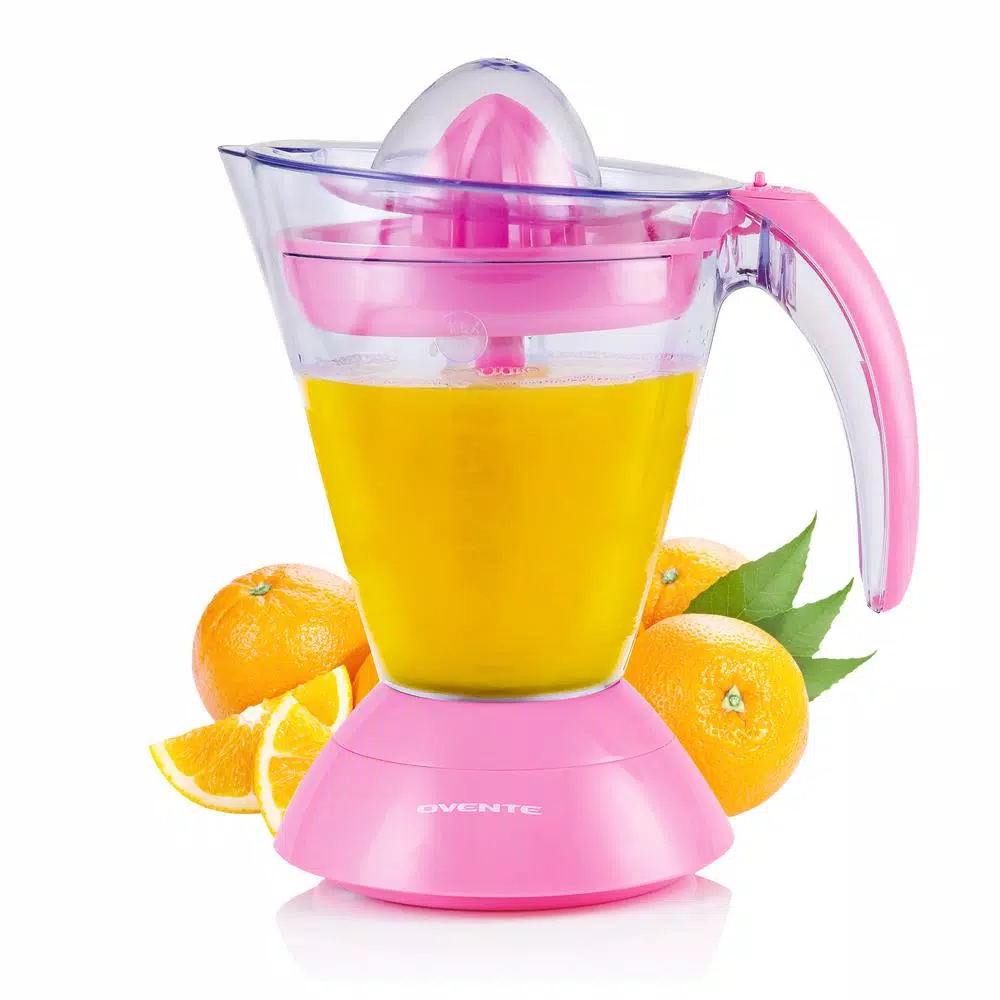 Juicers Ovente 34 Oz. Pink Electric Citrus Juicer 2 Auto-Reversing Cones Capacity, Pressure-Activated, Strainer, Pulp Control 1 Juicers Ovente 34 Oz. Pink Electric Citrus Juicer 2 Auto-Reversing Cones Capacity, Pressure-Activated, Strainer, Pulp Control