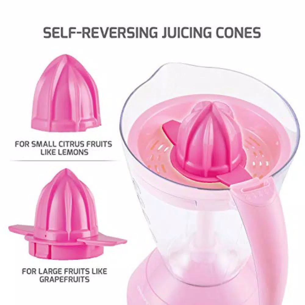 Juicers Ovente 34 Oz. Pink Electric Citrus Juicer 2 Auto-Reversing Cones Capacity, Pressure-Activated, Strainer, Pulp Control 2 Juicers Ovente 34 Oz. Pink Electric Citrus Juicer 2 Auto-Reversing Cones Capacity, Pressure-Activated, Strainer, Pulp Control - Image 2