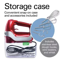 Mixers Hamilton Beach 5-Speed Red And Chrome Hand Mixer With Stainless Steel Twisted Wire Beaters, Whisk, Dough Hooks And Snap-On Storage Case -MegaChef Sales Shop red and chrome hamilton beach hand mixers 62653 4f 1000