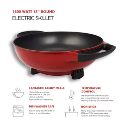 Electric Skillets & Indoor Grills Boyel Living 6.3 In. X 16.9 In. X 13 In. Red 1400-Watt Professional Non-Stick Copper Electric Skillet Jumbo -MegaChef Sales Shop red boyel living electric skillets el43808 fa 1000
