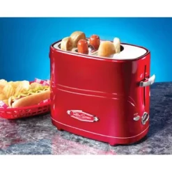 Toasters Nostalgia Retro Series 2-Slice Red Long Slot Hot Dog And Bun Toaster With Crumb Tray And Mini Tongs -MegaChef Sales Shop red nostalgia pop up toasters hdt600retrored 31 1000