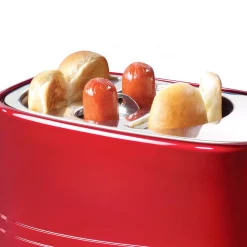 Toasters Nostalgia Retro Series 2-Slice Red Long Slot Hot Dog And Bun Toaster With Crumb Tray And Mini Tongs -MegaChef Sales Shop red nostalgia pop up toasters hdt600retrored 4f 1000