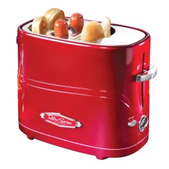 Toasters Nostalgia Retro Series 2-Slice Red Long Slot Hot Dog And Bun Toaster With Crumb Tray And Mini Tongs -MegaChef Sales Shop red nostalgia pop up toasters hdt600retrored c3 1000