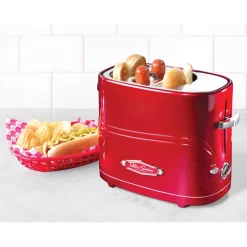 Toasters Nostalgia Retro Series 2-Slice Red Long Slot Hot Dog And Bun Toaster With Crumb Tray And Mini Tongs -MegaChef Sales Shop red nostalgia pop up toasters hdt600retrored d4 1000