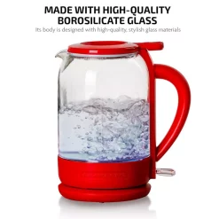 Electric Kettles Ovente 6.3-Cup Red Glass Electric Kettle With ProntoFill Technology – Fill Up With The Lid On -MegaChef Sales Shop red ovente electric kettles kg516r c3 1000