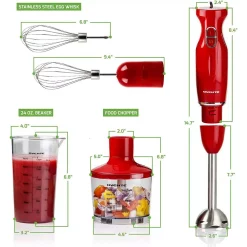 Blenders Ovente Ultra-Stick Immersion, 300-Watts, Hand Blender Set, Whisk+Beaker+Chopper, Stainless Steel, 2-Speed Setting -MegaChef Sales Shop red ovente immersion blenders hs565r 1f 1000