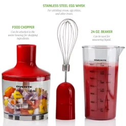Blenders Ovente Ultra-Stick Immersion, 300-Watts, Hand Blender Set, Whisk+Beaker+Chopper, Stainless Steel, 2-Speed Setting -MegaChef Sales Shop red ovente immersion blenders hs565r 31 1000