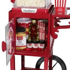Popcorn Machines West Bend Popcorn Cart 2.5 Oz Non-Stick Stainless Steel Kettle, Makes 10 Cups, Cabinet Built-In Light, With Spoon & Scoop -MegaChef Sales Shop red west bend popcorn machines pcmc20rd13 1f 1000