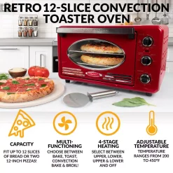 Toasters Nostalgia Retro 1500 W 12-Slice Retro Red Convection Toaster Oven With Built In Timer -MegaChef Sales Shop retro red nostalgia toaster ovens rtov2rr c3 1000