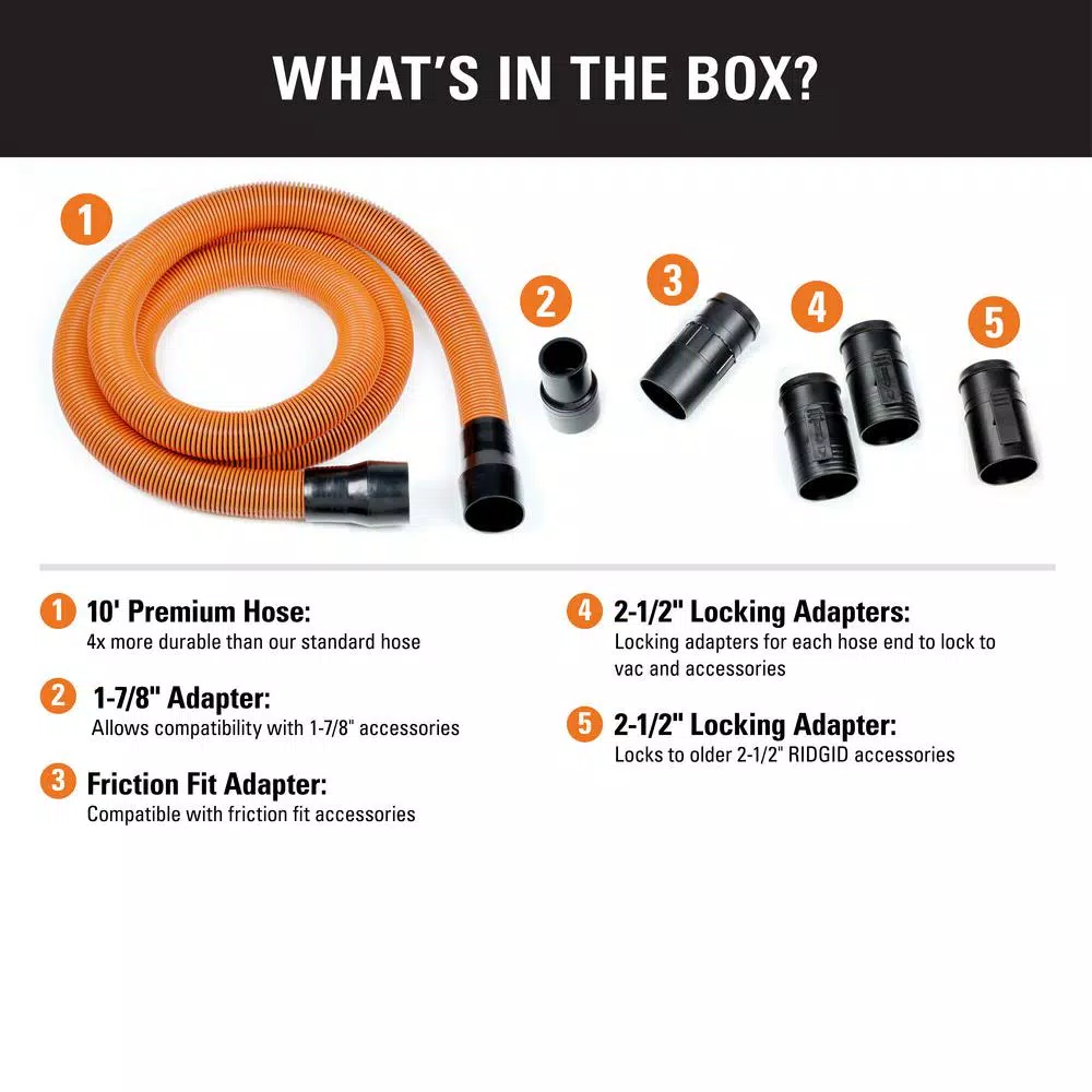 Vacuum Parts RIDGID 1-7/8 In. X 10 Ft. Pro-Grade Locking Vacuum Hose Kit For RIDGID Wet/Dry Shop Vacuums 2 Vacuum Parts RIDGID 1-7/8 In. X 10 Ft. Pro-Grade Locking Vacuum Hose Kit For RIDGID Wet/Dry Shop Vacuums - Image 2