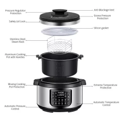 Cookers Boyel Living 8 Qt. Stainless Steel 12-in-1 Multiuse Programmable Electric Pressure Cooker With Non-Stick Pot And Cool-Touch Handles 10 Cookers Boyel Living 8 Qt. Stainless Steel 12-in-1 Multiuse Programmable Electric Pressure Cooker With Non-Stick Pot And Cool-Touch Handles -MegaChef Sales Shop silver boyel living electric pressure cookers gbk gp80plus c3 1000