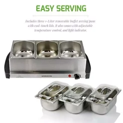 Food Warmers Ovente Mini 3-Tray Buffet Server And Food Warmer With Stand Alone Warmer Tray 18 Food Warmers Ovente Mini 3-Tray Buffet Server And Food Warmer With Stand Alone Warmer Tray -MegaChef Sales Shop silver ovente buffet servers fw153s 76 1000