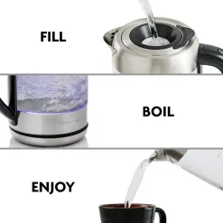 Electric Kettles Ovente 7-Cup 1.7 L Silver Glass Electric Kettle With ProntoFill Technology-Fill Up With Lid On -MegaChef Sales Shop silver ovente electric kettles kg612s 1f 1000
