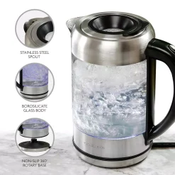 Electric Kettles Ovente 7-Cup 1.7 L Silver Glass Electric Kettle With ProntoFill Technology-Fill Up With Lid On -MegaChef Sales Shop silver ovente electric kettles kg612s 44 1000