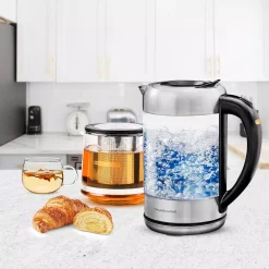 Electric Kettles Ovente 7-Cup 1.7 L Silver Glass Electric Kettle With ProntoFill Technology-Fill Up With Lid On Glass Reusable Teapot Infuser -MegaChef Sales Shop silver ovente electric kettles kg612s fgk27b 31 1000