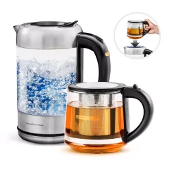 Electric Kettles Ovente 7-Cup 1.7 L Silver Glass Electric Kettle With ProntoFill Technology-Fill Up With Lid On Glass Reusable Teapot Infuser