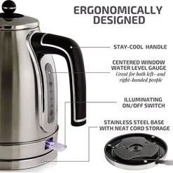 Electric Kettles Ovente 7.2-Cup Silver Stainless Steel Electric Kettle With Removable Filter, Boil Dry Protection And Auto Shut Off Features -MegaChef Sales Shop silver ovente electric kettles ks777s 1f 1000