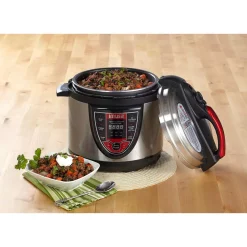Cookers IMUSA 5 Qt. Silver And Red Electric Pressure Cooker With Locking Lid -MegaChef Sales Shop silver red imusa electric pressure cookers gau 80106 1f 1000