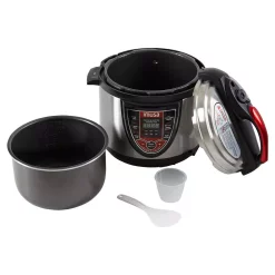 Cookers IMUSA 5 Qt. Silver And Red Electric Pressure Cooker With Locking Lid -MegaChef Sales Shop silver red imusa electric pressure cookers gau 80106 4f 1000