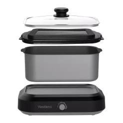 Cookers West Bend 5 Qt. Silver Non-Stick Versatility Slow Cooker With 5-Temperature Settings Includes Travel Lid And Thermal Tote -MegaChef Sales Shop silver west bend slow cookers 87905 4f 1000